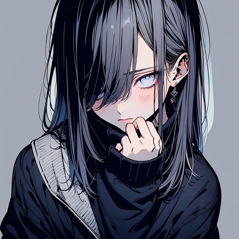 beautiful young man, shoulder length hair, straight hair, dull light blue hair, (((Hide one eye with bangs)))、white high neck sweater, long slit eyes, gray eyes, touch your head, Front view, Composition showing from the waist up, nice, good looking,high quality, Amount to draw, pixiv illustration