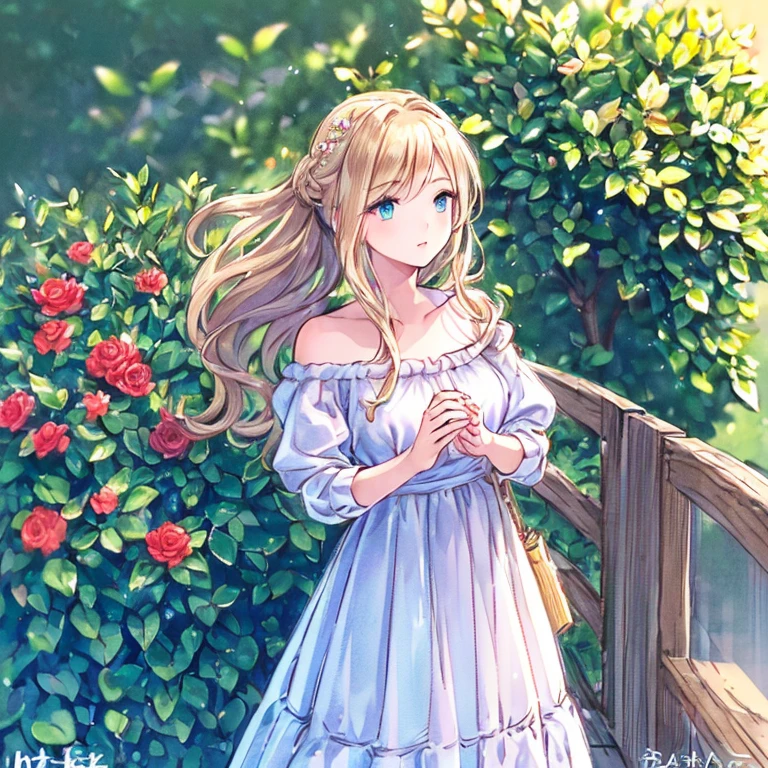 (best quality,ultra-detailed,photorealistic:1.37)alone,adult girl,A girl in a red and silver dress,Long flowing blondes hair tied up,green eye,blue eyes,Off-shoulder,long hair,long eyelashes,sparkling dress texture,detailed lips,flowers in the background,soft lighting,stunning makeup,graceful pose,vivid colors