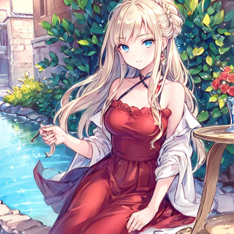 best quality, masterpiece, super high resolution, perfect anatomy, 1girl, blonde hair, medium long hair,  hair_behind_ears, parted_bangs, short bangs, purple eyes, medium breasts, teenage, b:86cm, W:55cm, H:83cm, absurdes, sundress, wine glass, grape juice, holding glass, sitting,