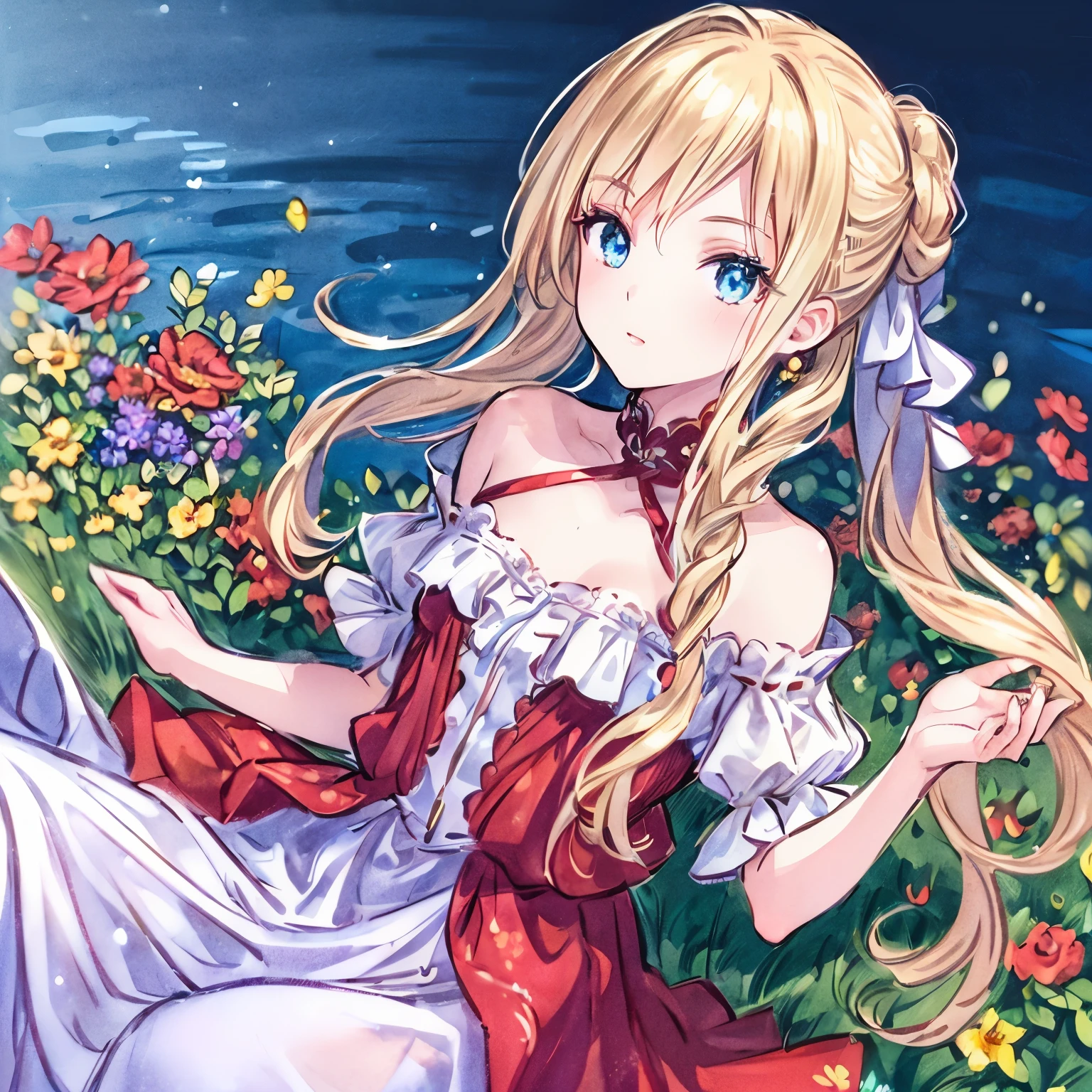 (best quality,ultra-detailed,photorealistic:1.37)alone,adult girl,A girl in a red and silver dress,Long flowing blondes hair tied up,green eye,blue eyes,Off-shoulder,long hair,long eyelashes,sparkling dress texture,detailed lips,flowers in the background,soft lighting,stunning makeup,graceful pose,vivid colors