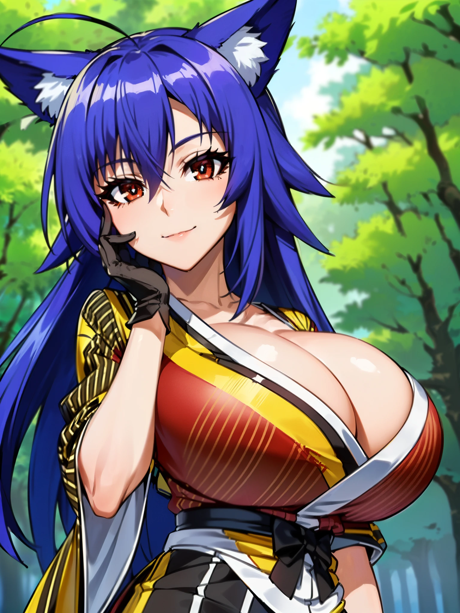 masterpiece, best quality, extremely detailed, 1girl, milf, solo, kurokami medaka, (huge breasts:1.6), ((((blue hair), ahoge, long hair, red eyes, slit pupils, fox ears))), parted lips, (((kimono, blue-striped kimono, black gloves)), ((seductive smile), closed mouth), ((hand on own face, forest))