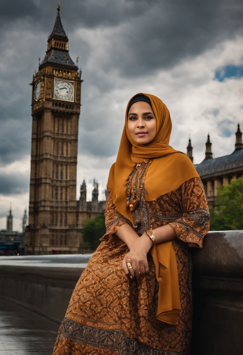 

Prompt 

35 year old beautiful Indonesian Muslim woman wearing hijab and headscarf wearing batik dress And wear sandals, bigben london background, cloudy atmosphere 
