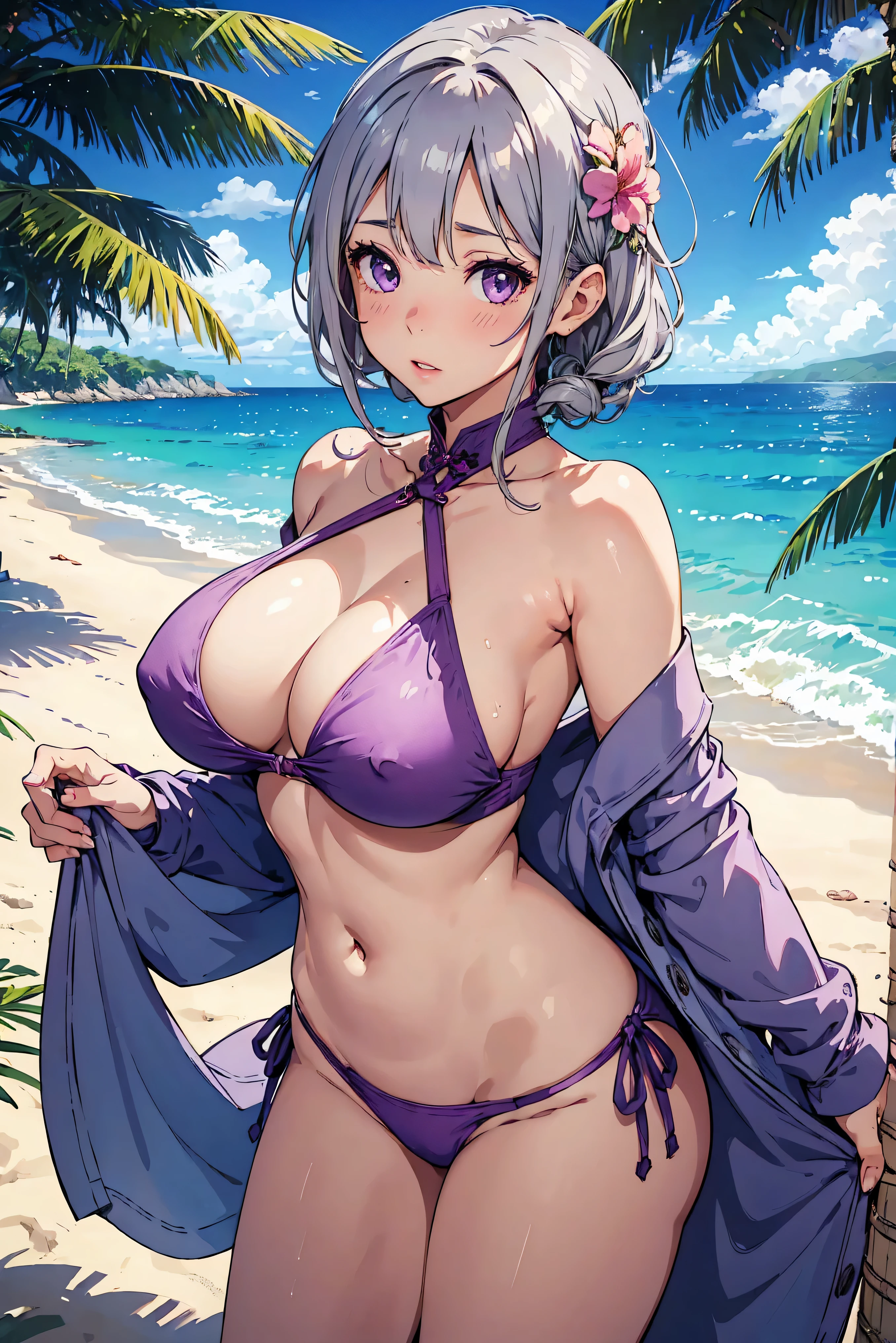 realistic, 1girl, gray hair, purple eyes, bright eyes, Cropped top, sexy bikini , parted lips, blush, Night, flowers, sun, sunlight, Cheongsam, Medium length hair, real, warm color, light color background color, Daytime environment, bright color background, beach, ocean, cute,oppai,large ,covered chest,nude,