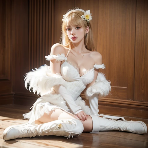 (((full medium shot))), (Masterpiece, photorealistic, photorealism, best quality, ultra-detailed:1.3), (nice hands, perfect hands), official art, cinematic light, (1girl:1.3), adult, (\YING\), 1GIRL, BREASTS, LUMINE \(GENSHIN IMPACT\), BLONDE HAIR, SOLO, CLEAVAGE, DRESS, YELLOW EYES, HAIR ORNAMENT, HAIR FLOWER, WHITE DRESS, THIGHHIGHS,POUT, BARE SHOULDERS, HAIR BETWEEN EYES, BANGS, DETACHED SLEEVES, FEATHER HAIR ORNAMENT, BOOTS, THIGH BOOTS,WHITE FOOTWEAR,