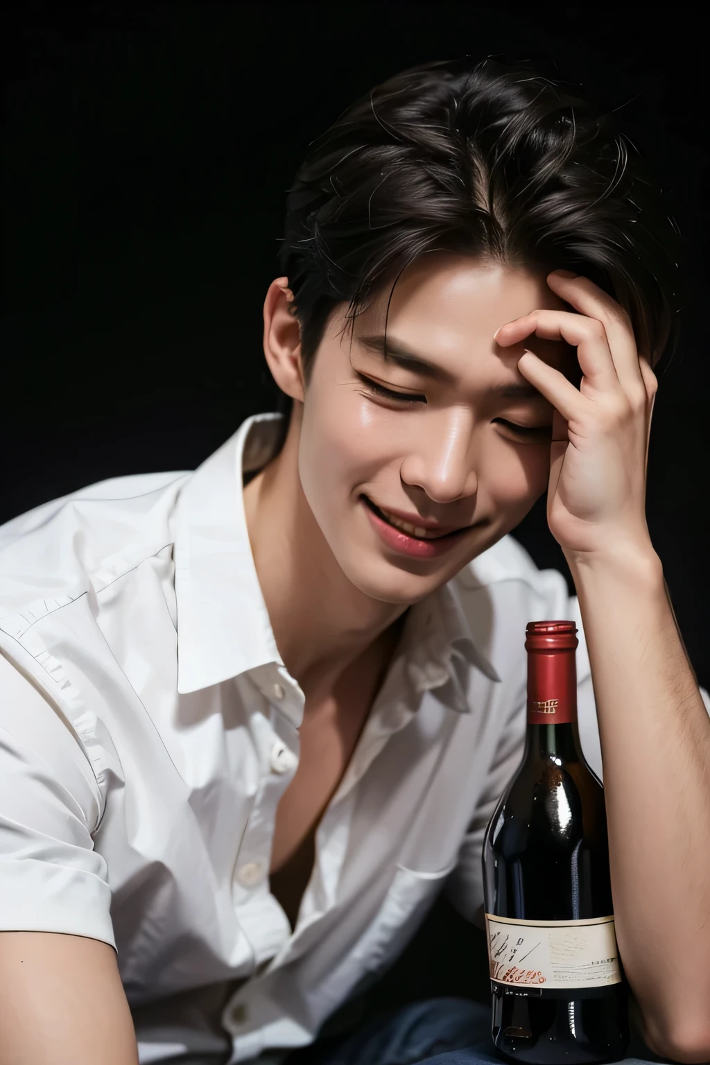 (The light is dim.:1.4),
handsome man, busy road, laugh, Close your eyes, liquor bottle