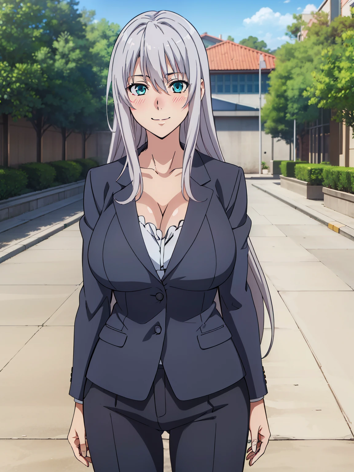 standing pose, very tempting pose, black suit, formal, pants, outdoor school background, rossweisse, (1 girl), anime cels style, best quality, high resolution, 1girl, (huge breasts:1.2), beautiful face, grey hair, aqua eyes, long hair, rossweisse hair, cowboy shot, smiling, blush