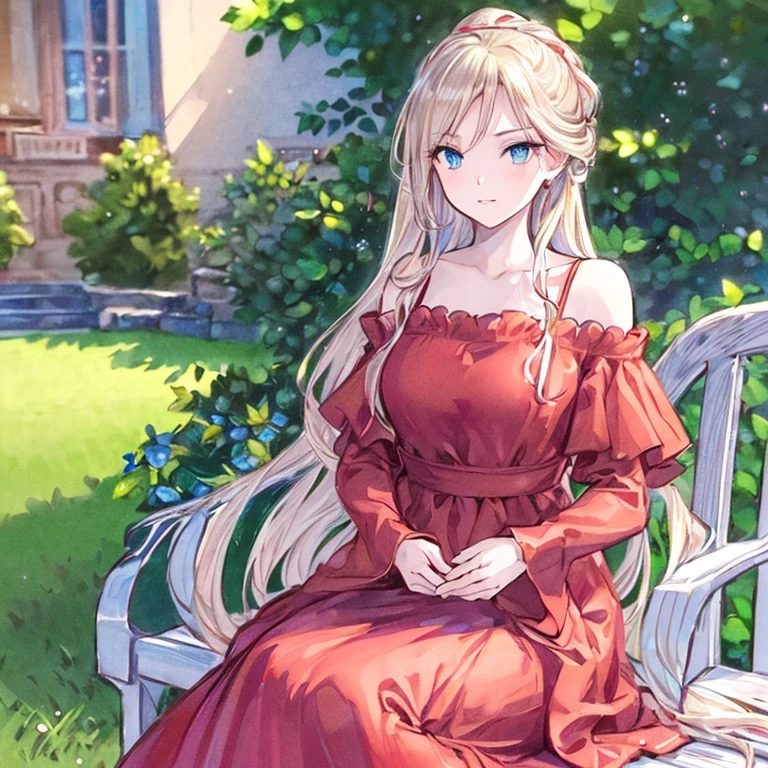 (best quality,ultra-detailed,photorealistic:1.37)alone,adult girl,A girl in a red and silver dress,Long flowing blondes hair tied up,green eye,blue eyes,Off-shoulder,long hair,long eyelashes,sparkling dress texture,detailed lips,flowers in the background,soft lighting,stunning makeup,graceful pose,vivid colors