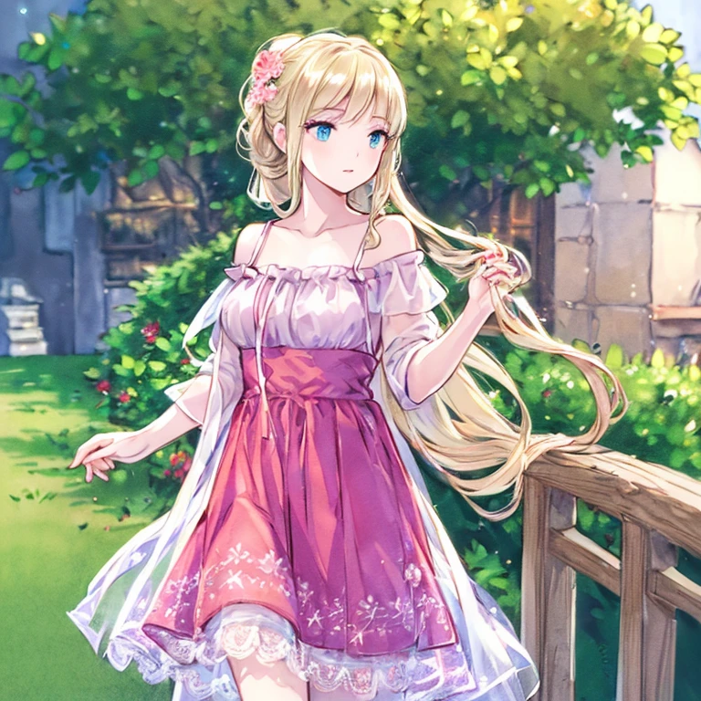 (best quality,ultra-detailed,photorealistic:1.37)alone,adult girl,A girl in a red and silver dress,Long flowing blondes hair tied up,green eye,blue eyes,Off-shoulder,long hair,long eyelashes,sparkling dress texture,detailed lips,flowers in the background,soft lighting,stunning makeup,graceful pose,vivid colors