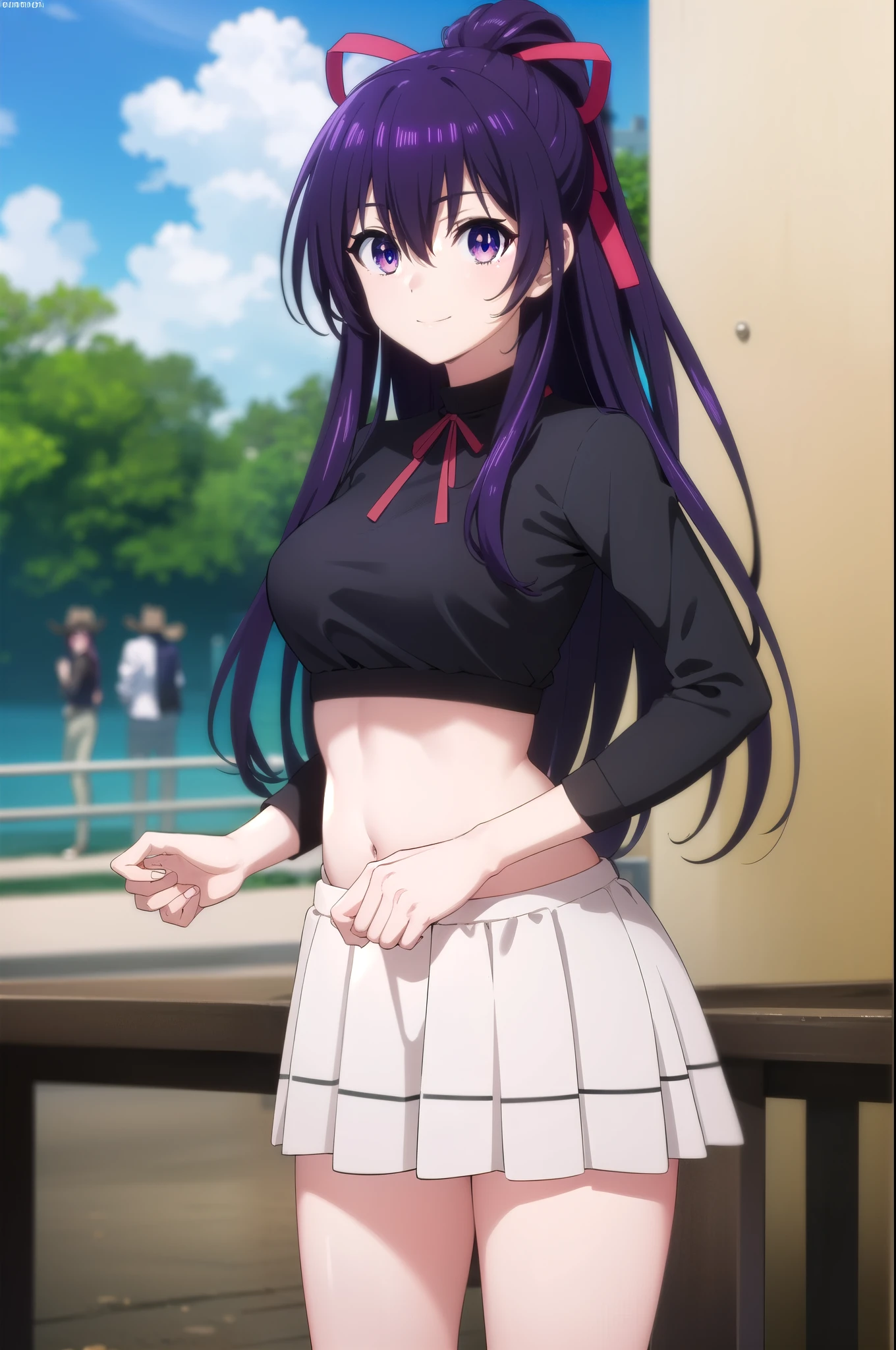 tohkayatogami, tohka yatogami casual, long hair, purple hair, alluringly smile, slim crop tops, black top, mid rifts, long sleeves , U neck, ribbon , (purple eyes:1.1), hair ribbon, ponytail, purple hair, white ribbon,g cup breasts, plump butt, short skirts, hand on back
BREAK ,
BREAK outdoors, city, people, crowd, sky, clouds, sun, blue sky,
BREAK looking at viewer, (cowboy shot:1.5),
BREAK (masterpiece:1.2), best quality, high resolution, unity 8k wallpaper, (illustration:0.8), (beautiful detailed eyes:1.6), extremely detailed face, perfect lighting, extremely detailed CG, (perfect hands, perfect anatomy),