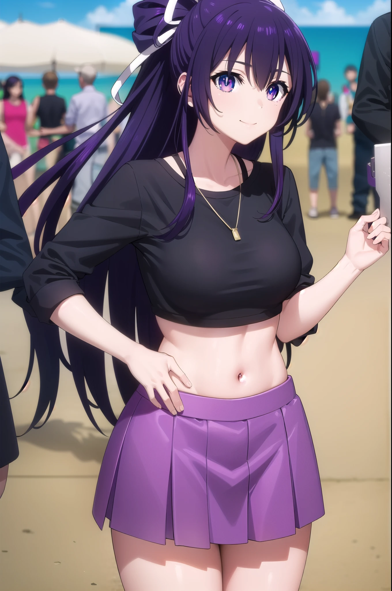 tohkayatogami, tohka yatogami casual, long hair, purple hair, alluringly smile, slim crop tops, black top, mid rifts, long sleeves , U neck, ribbon , (purple eyes:1.1), hair ribbon, ponytail, purple hair, white ribbon,g cup breasts, plump butt, short skirts, hand on back
BREAK ,
BREAK outdoors, city, people, crowd, sky, clouds, sun, blue sky,
BREAK looking at viewer, (cowboy shot:1.5),
BREAK (masterpiece:1.2), best quality, high resolution, unity 8k wallpaper, (illustration:0.8), (beautiful detailed eyes:1.6), extremely detailed face, perfect lighting, extremely detailed CG, (perfect hands, perfect anatomy),