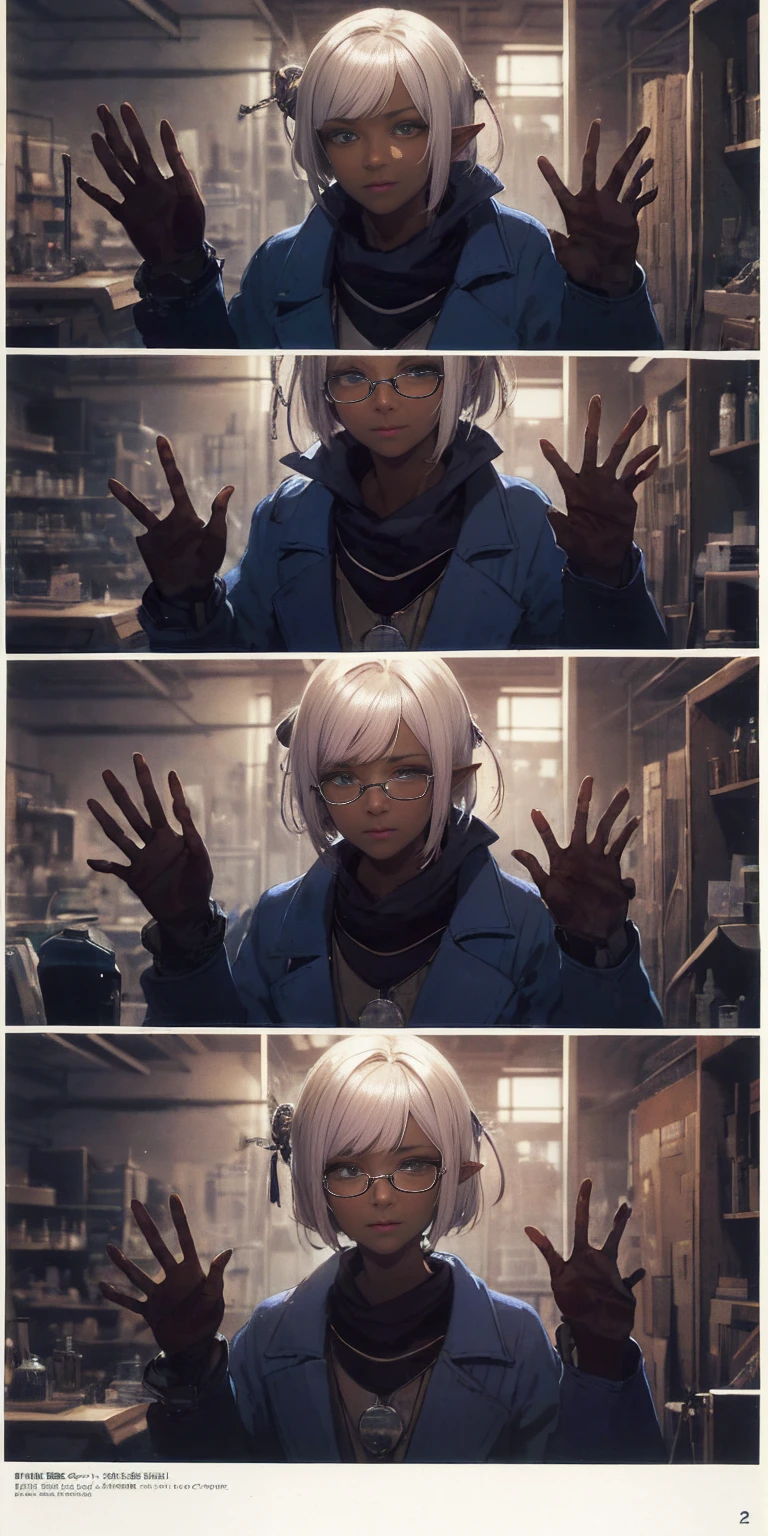 ((masterpiece )), (top quality), (best quality), ((ultra-detailed, 8k quality)), Aesthetics, Cinematic lighting, (detailed line art), Beautiful digital artwork, Exquisite digital illustration, absurdres, (best composition), BREAK, a female dark elf who is a scientist, (scientist clothes:1.2), (jacket lab, Coat:1.2), glasses, (steampunk style:1.1), (holding of shimmering blue sea crystals), (background of scientific laboratory, laboratory, filled with tubes, bottles, and equipment), SteamPunkAI, CogPunkAI, cell shading, cinematic dramatic atmosphere, high quality cell shaded illustration in Fantasy steampunk style by Yoji Shinkawa, detailed and intricate environment, artstation, concept art, fluid and sharp focus, dynamic angle, by ((Mikimoto Haruhiko)), BREAK, highly detailed of (dark elf), (1girl), perfect face, details eye, parted, sidelock, hairbun,blonde white hair, violet eyes, eyelashes, eyeshadow, pink eyeshadow, smile, design art by Mikimoto Haruhiko, by Kawacy, By Yoshitaka Amano, BREAK, ((perfect anatomy)), nice body, medium breast, (extremely detailed finger), best hands, perfect face, beautiful face, beautiful eyes, perfect eyes, (perfect fingers), correct anatomy, (Dark skin:1.2)