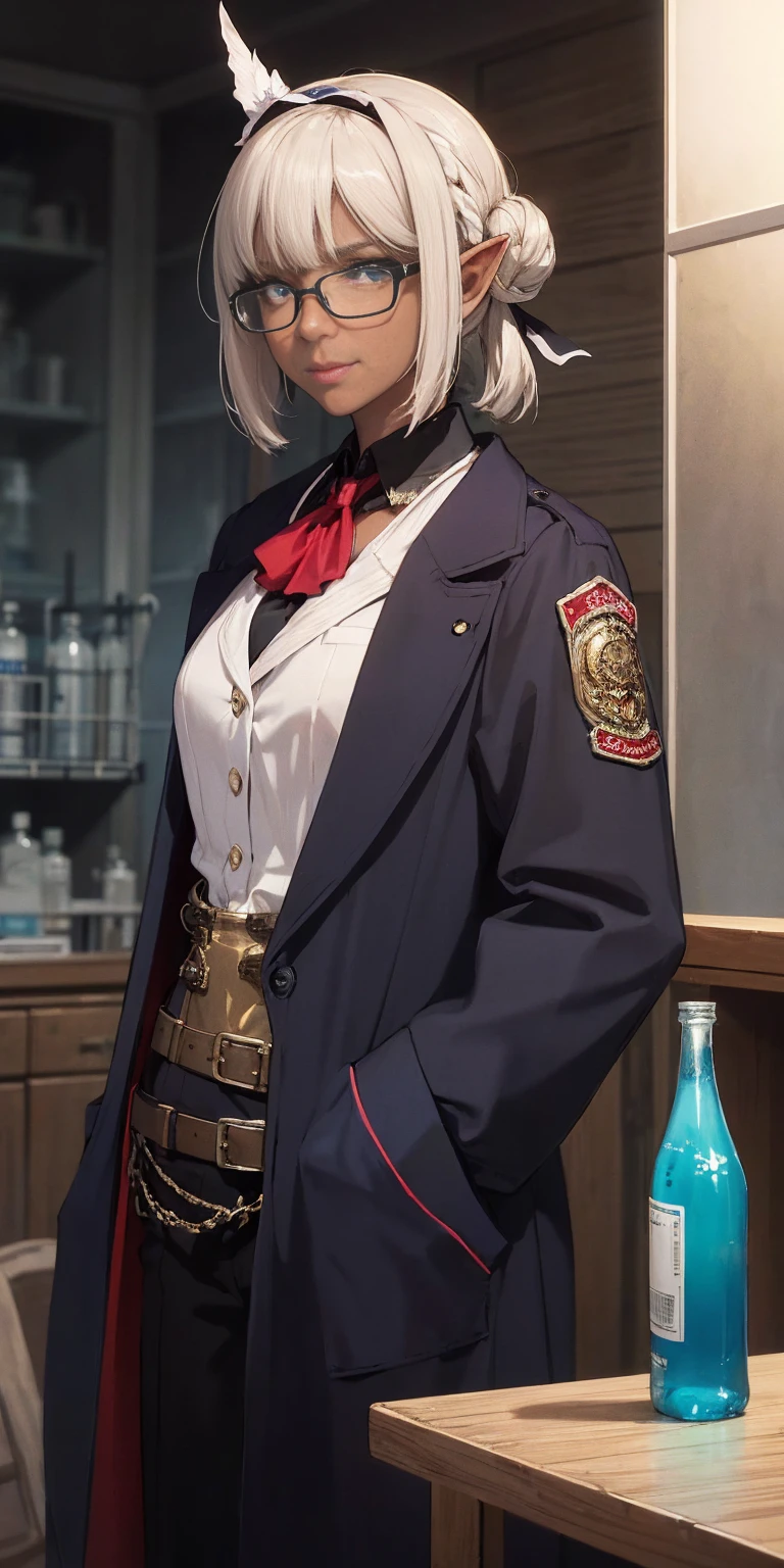 ((masterpiece )), (top quality), (best quality), ((ultra-detailed, 8k quality)), Aesthetics, Cinematic lighting, (detailed line art), Beautiful digital artwork, Exquisite digital illustration, absurdres, (best composition), BREAK, a female dark elf who is a scientist, (scientist clothes:1.2), (jacket lab, Coat:1.2), glasses, (steampunk style:1.1), (holding of shimmering blue sea crystals), (background of scientific laboratory, laboratory, filled with tubes, bottles, and equipment), SteamPunkAI, CogPunkAI, cell shading, cinematic dramatic atmosphere, high quality cell shaded illustration in Fantasy steampunk style by Yoji Shinkawa, detailed and intricate environment, artstation, concept art, fluid and sharp focus, dynamic angle, by ((Mikimoto Haruhiko)), BREAK, highly detailed of (dark elf), (1girl), perfect face, details eye, parted, sidelock, hairbun,blonde white hair, violet eyes, eyelashes, eyeshadow, pink eyeshadow, smile, design art by Mikimoto Haruhiko, by Kawacy, By Yoshitaka Amano, BREAK, ((perfect anatomy)), nice body, medium breast, (extremely detailed finger), best hands, perfect face, beautiful face, beautiful eyes, perfect eyes, (perfect fingers), correct anatomy, (Dark skin:1.2)