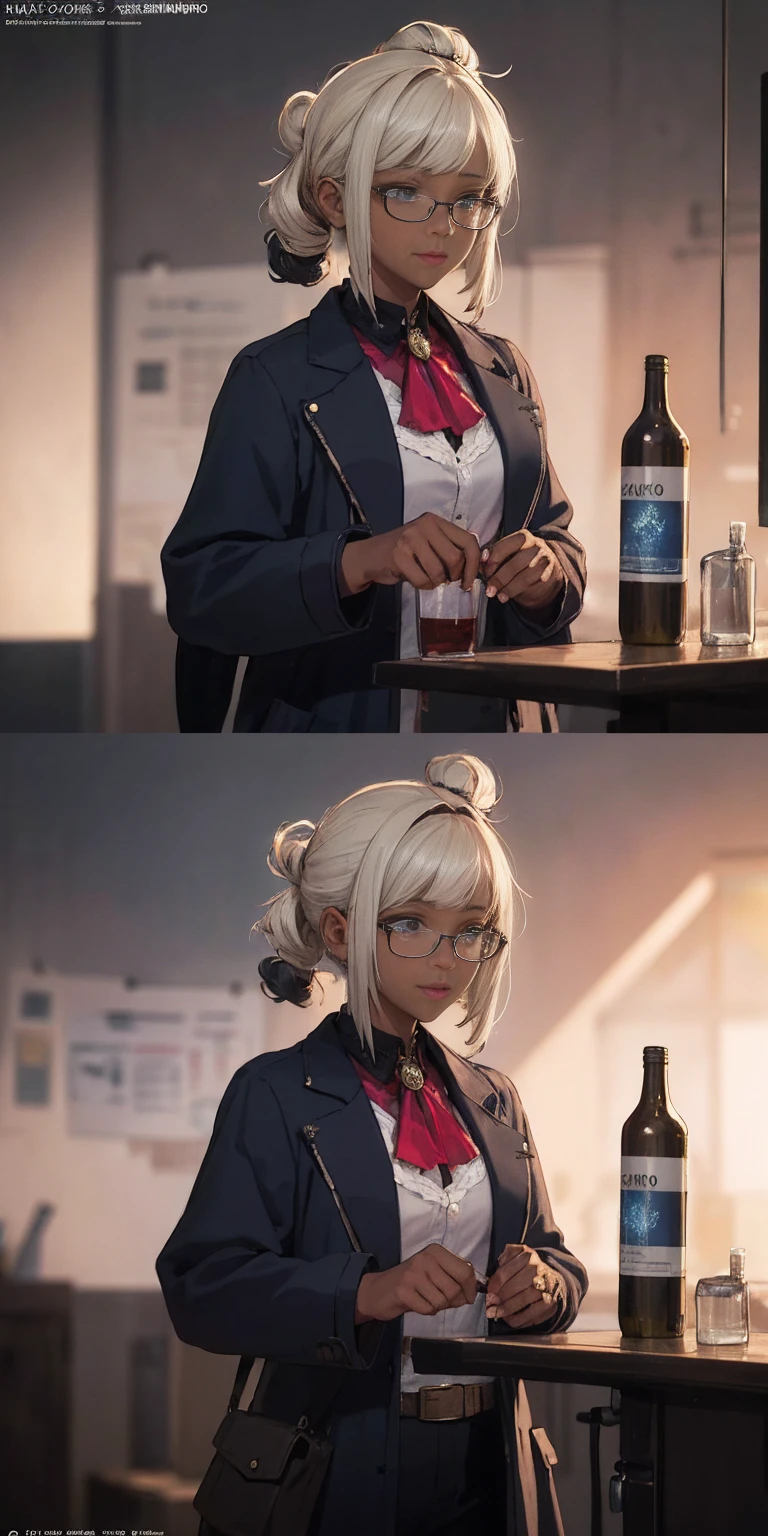 ((masterpiece )), (top quality), (best quality), ((ultra-detailed, 8k quality)), Aesthetics, Cinematic lighting, (detailed line art), Beautiful digital artwork, Exquisite digital illustration, absurdres, (best composition), BREAK, a female dark elf who is a scientist, (scientist clothes:1.2), (jacket lab, Coat:1.2), glasses, (steampunk style:1.1), (holding of shimmering blue sea crystals), (background of scientific laboratory, laboratory, filled with tubes, bottles, and equipment), SteamPunkAI, CogPunkAI, cell shading, cinematic dramatic atmosphere, high quality cell shaded illustration in Fantasy steampunk style by Yoji Shinkawa, detailed and intricate environment, artstation, concept art, fluid and sharp focus, dynamic angle, by ((Mikimoto Haruhiko)), BREAK, highly detailed of (dark elf), (1girl), perfect face, details eye, parted, sidelock, hairbun,blonde white hair, violet eyes, eyelashes, eyeshadow, pink eyeshadow, smile, design art by Mikimoto Haruhiko, by Kawacy, By Yoshitaka Amano, BREAK, ((perfect anatomy)), nice body, medium breast, (extremely detailed finger), best hands, perfect face, beautiful face, beautiful eyes, perfect eyes, (perfect fingers), correct anatomy, (Dark skin:1.2)
