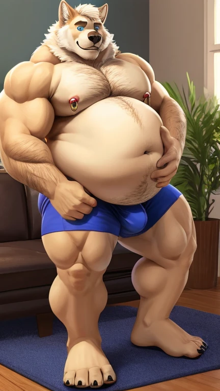 Solo, male, obese, very thick and muscular white wolf flexing,wolf, overweight, massive body, fat , bere feet, black claws, beige crotch hair, round,very big belly, chubby, obese belly, fatgut, musclegut, muscular, mature male, shy, cream fur, blue eyes, cream hair, cream body hair, cream belly hair, short shorts, living room, plants, best quality, detailed hands, five fingers, full body, hands lifting belly,muscle,strong legs,strong arms,nipple ring,muscular man,big bulge,fat legs,detailed eyes