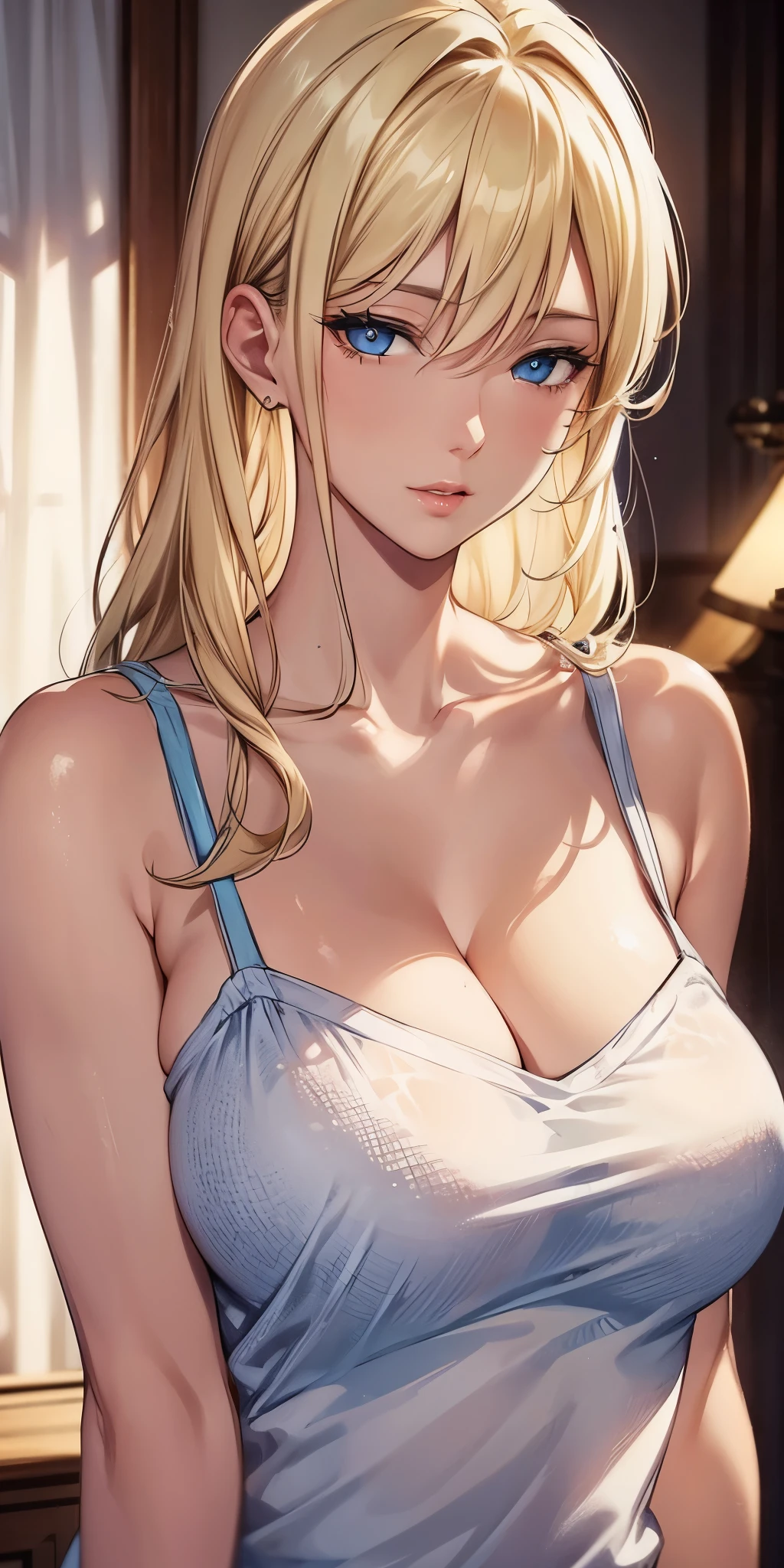 portrait, realistic, blue eyes, blonde hair, big breast, 4k resolution, high quality cg, beautiful cg, soft light,