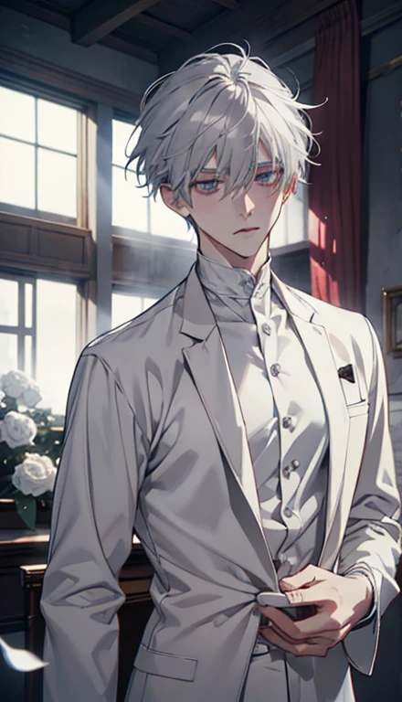 maleの子1人,male,youth,pale teenager,white rose,white shirt,bandage,Blood,Screen contrast is low,high brightness,gray hair,soft writing,soft,romanticism, anime big breasts, Impressionism, cinematic lighting, close, hyper hd, masterpiece, advanced details,