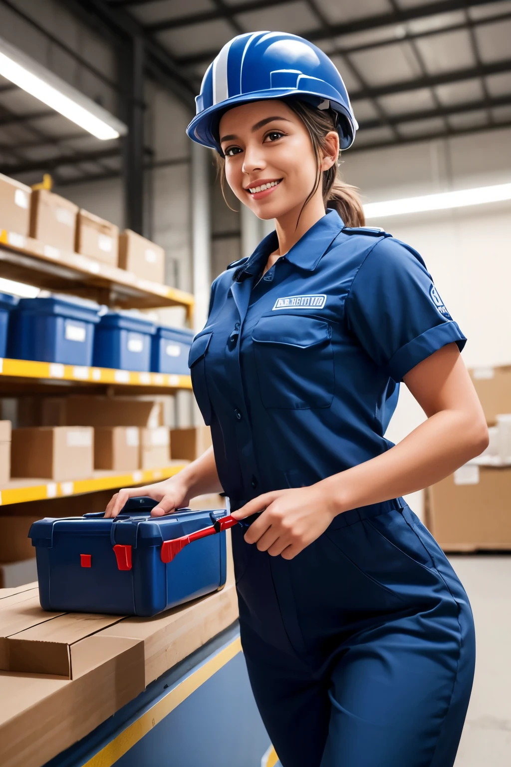 Imagine a 28 year old woman, she is dressed in her factory work uniform and helmet. The uniform is dark blue and white helmet. His face is illuminated by a bright smile and his eyes convey determination and joy. She is tightly holding a toolbox, ready to start her work day. You can feel the positive energy she radiates despite the industrial environment around her. Her posture is confident and her stride is steady as she heads to her workstation. This image reflects a strong, hardworking and happy woman, ready to face any challenge the day may bring. 8k ultrarealistic. ultra-definition.