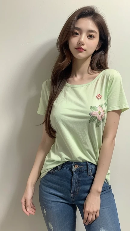 light green thin flower pattern T-shirt , long Jeans pants , big breast , long hair