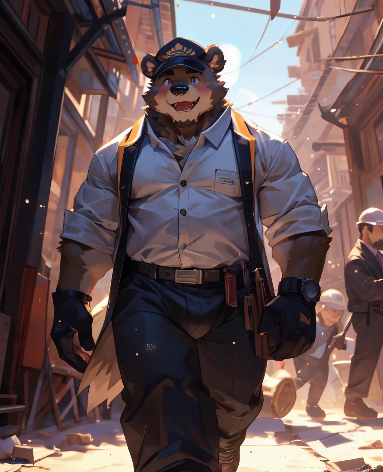 brown bear,construction site,Sweat,hat,white vest,White coarse cloth gloves,depth of field, perfect lighting, light particles,(best quality),(masterpiece),(ultra higher than ed),sharp focus,light particles, Genji, de tailed Eye, blush, Brown_Eye, watch_exist_audience, Smile, alone, hairy, animal_ear_Brushed, Open_clothing, Put your arms behind exist&#39;came back, Upper body, Strong body,dick，bulge，（a little fat）,Sunlight, Tree, Open mouth, from below, Put your arms behind exist&#39;came back, male, 