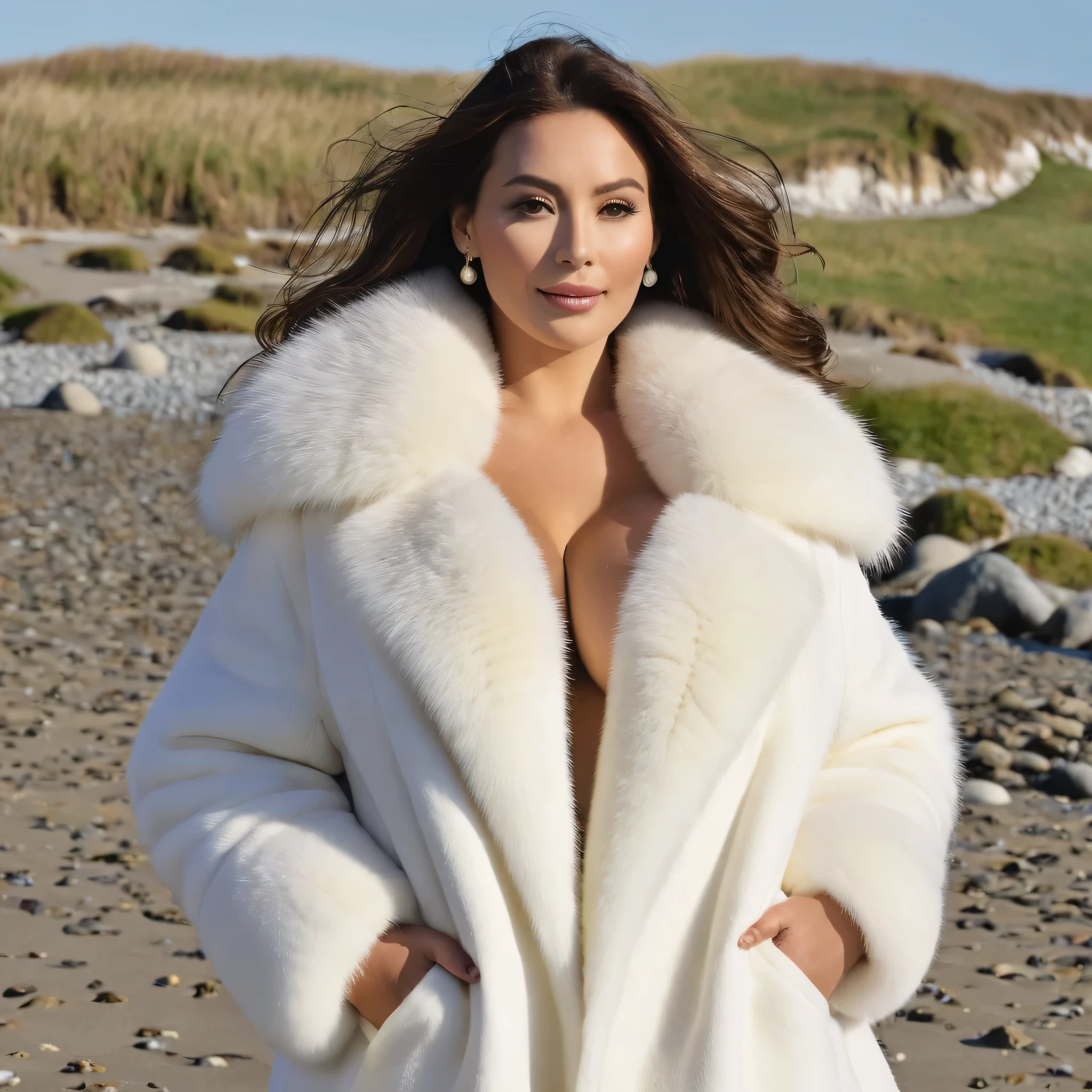 A very wide and very thick, manteau de fourrure en vison blanc, fifty centimeters thick, duveteux, naturel, with an ultra thick white mink fur collar, three layers, sur Kim Novac jeune , bare shoulders, and two large breast bien visible avec mamelon et areoles out of the fur, at sunny Pebble Beach