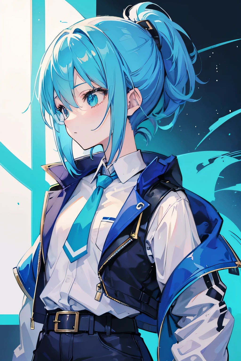 Drawing of a girl with blue hair and a blue jacket, rimuru, 2 d anime style, profile shot of rimuru tempest, rimuru tempest, 2 D Anime, Fubuki, full face shot of rimuru tempest, short hair, Anime girl with teal hair, 2d art, 2 d art, Ponytail Girl, Blue tie, White shirt, Indigo Jacket, Brown belt at waist,she wear blue jeans.