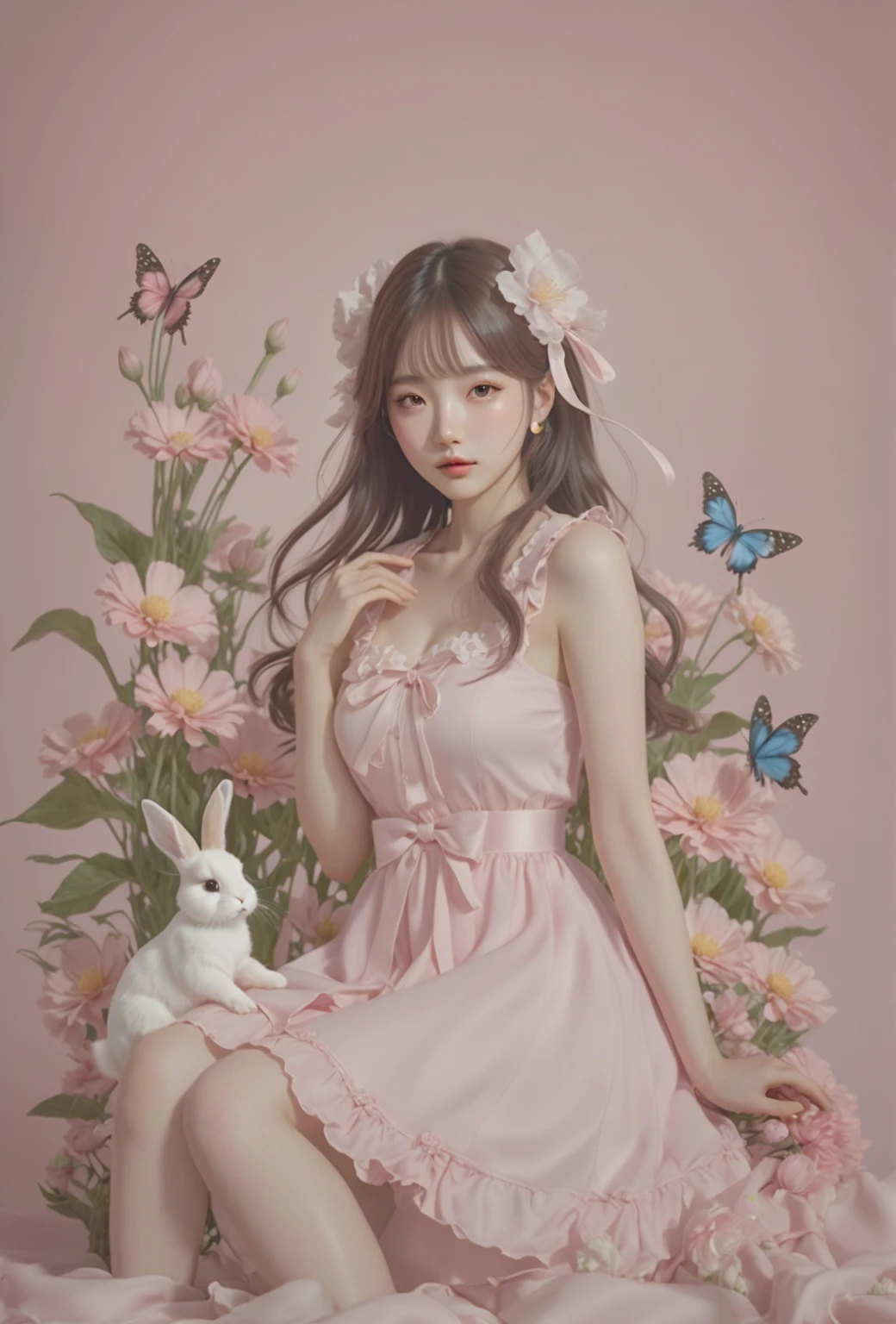 Arape girl sitting in a flower field wearing a pink dress, ultrarealistic sweet bunny girl, 🌺 CG Society, fairy core, Guweizu, Exciting and cute aesthetics, Pink pastels, artwork in the style of Guweizu, bunny girl, soft anime illustration,  dressed up, pastel pink, april&#39;s rendering, Cute realistic portrait, natural fingers