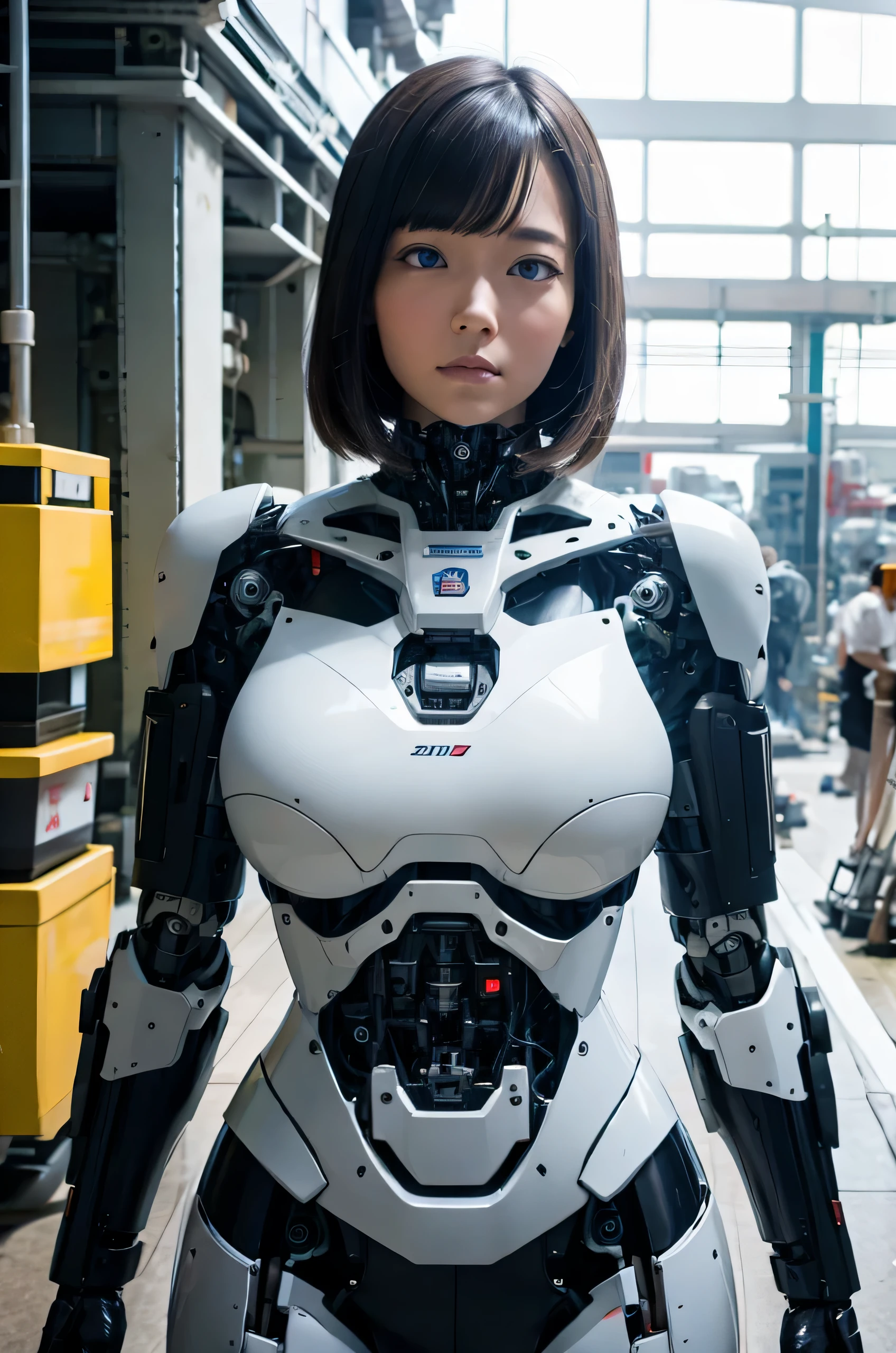 masterpiece, best quality, extremely detailed, Japaese android girl,Plump ,control panels,android,Droid,Mechanical Hand, Robot arms and legs,Blunt bangs,perfect robot girl,white robot body,mechanical neck,long tube,thick cable connected her neck,android,robot,humanoid,cyborg,japanese cyborg girl ,robot-assembly plant,She has assembled now,assembly scene,chest monitor,leather skirt,blue eyes,