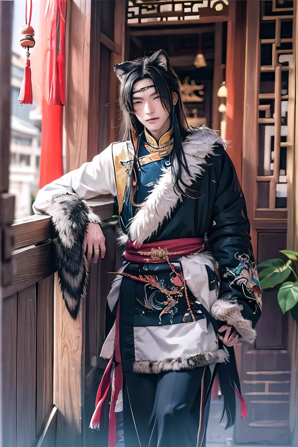 masterpiece ,  male focus, 1 boy,  alone, wolf ears, long hair,  Depth of the bounds written, background blur, null, ancient chinese architecture, 
