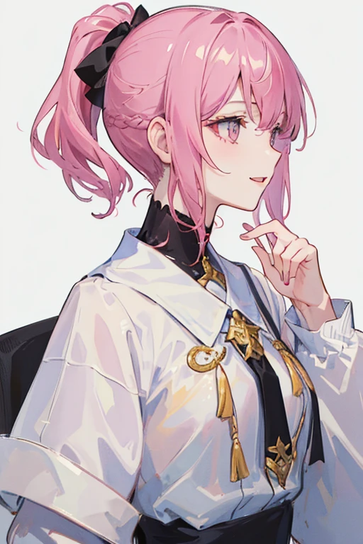 (masterpiece, side light, Super detailed, thin and beautiful eyes: 1.2), 1 girl,think ahead、look at me,short hair, pink hair, profile, alone, Upper body, masterpiece, highest quality、masterpiece, side light, Super detailed, thin and beautiful eyes: 1.2), 1 girl,think ahead、look at me,ponytail, black hair, profile, alone, Upper body, masterpiece, highest quality、smile、long sleeve、close your mouth、look at me、front、