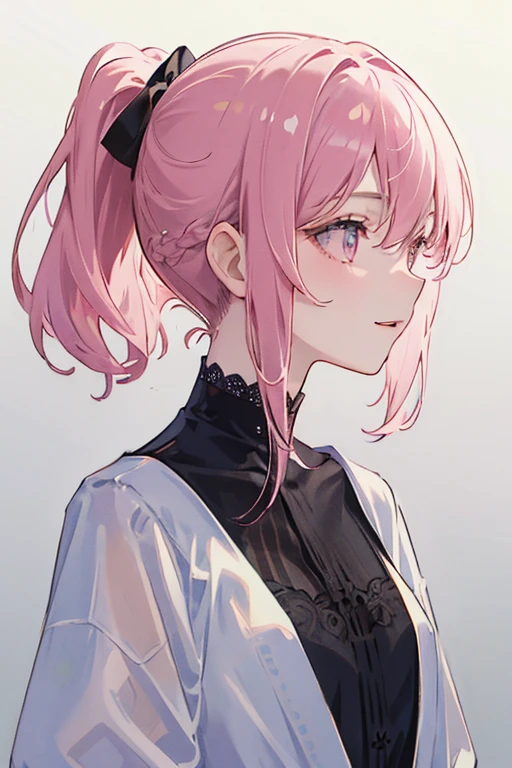 (masterpiece, side light, Super detailed, thin and beautiful eyes: 1.2), 1 girl,think ahead、look at me,short hair, pink hair, profile, alone, Upper body, masterpiece, highest quality、masterpiece, side light, Super detailed, thin and beautiful eyes: 1.2), 1 girl,think ahead、look at me,ponytail, black hair, profile, alone, Upper body, masterpiece, highest quality、smile、long sleeve、close your mouth、look at me、front、