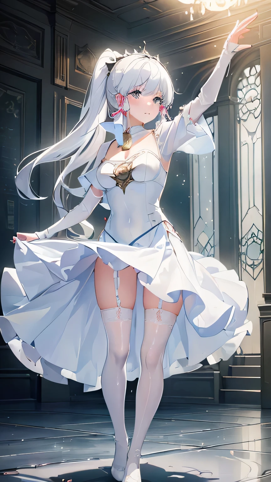 ((beautiful lighting, Best quality, 8K, Masterpiece: 1.3)), 1girl, Perfect body beauty: 1.4, elegant, Sweaty + wet skin,((white hair)), (White dress: 1.4), (Over the knee white stockings: 1.5), (long dress), Super Fine Face, lingerie, ((dancing)), (elegant room) panties under dress
