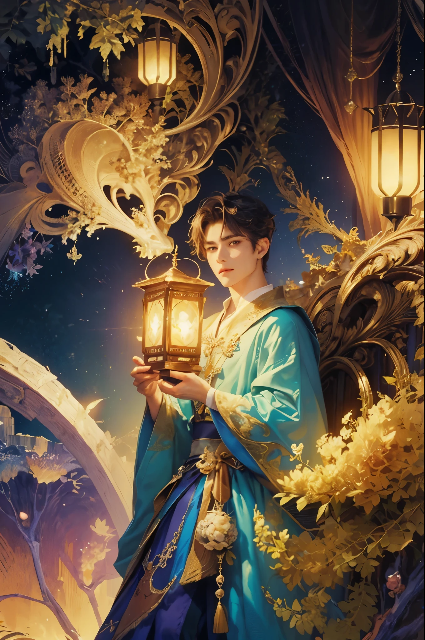 (masterpiece, top quality, best quality, official art, beautiful and aesthetic:1.2), boy, handsome, extreme detailed faces, (fractal art:1.3), colorful, highest detailed, (perfect face), shiny skin, HDR, cantarella, extremely detailed dress, detailed background