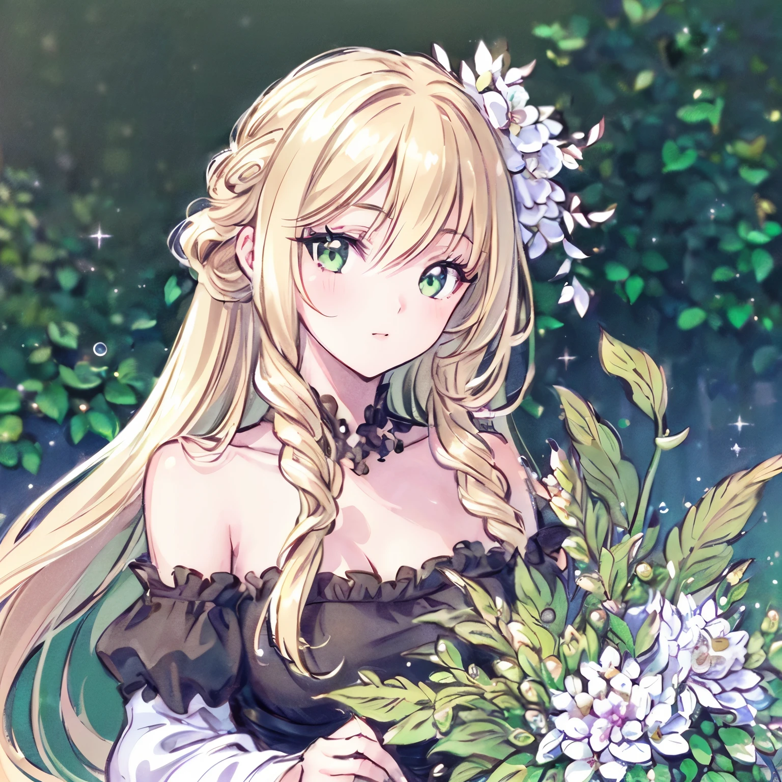 (best quality,ultra-detailed,photorealistic:1.37)alone,adult girl,A girl in a black and white dress,Long flowing blondes hair tied up,green eye,Off-shoulder,long hair,long eyelashes,sparkling dress texture,detailed lips,flowers in the background,soft lighting,stunning makeup,graceful pose,vivid colors