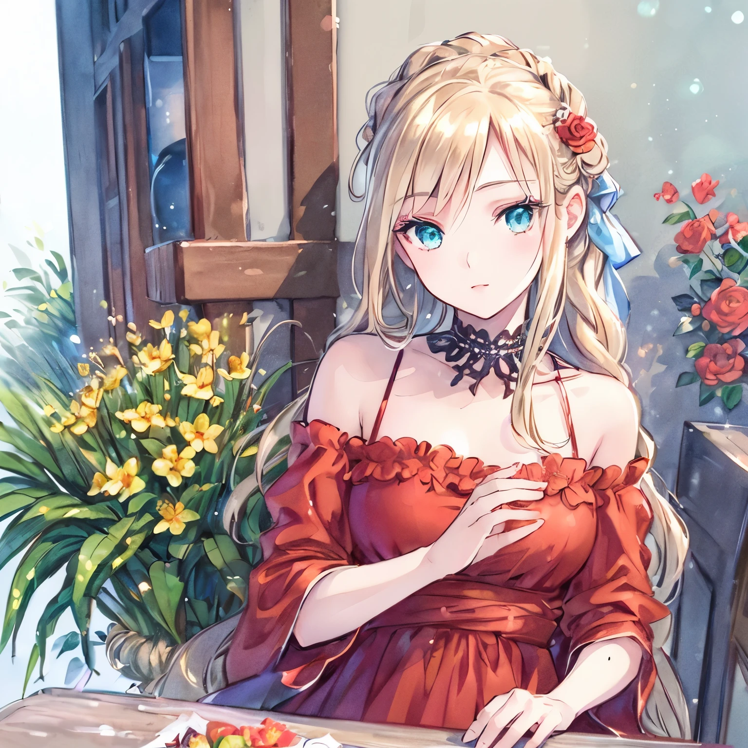(best quality,ultra-detailed,photorealistic:1.37)alone,adult girl,A girl in a red and silver dress,Long flowing blondes hair tied up,green eye,blue eyes,Off-shoulder,long hair,long eyelashes,sparkling dress texture,detailed lips,flowers in the background,soft lighting,stunning makeup,graceful pose,vivid colors