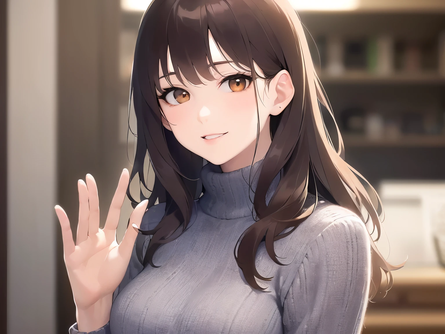 (waving hand:1.2), head tilt、Upper Body, Realistic, real person, (pale skin: 1.2), RAW photo, photorealistic, portrait photography, shiny skin, japanese idol、shiny hair、(25 year old woman with medium hair with bangs) and (wavy hair) and (brown hair) and (orange eyes) , (business suit:1.5) and (White turtleneck top) 、smile, The background is the office front desk.、Alone、Are standing