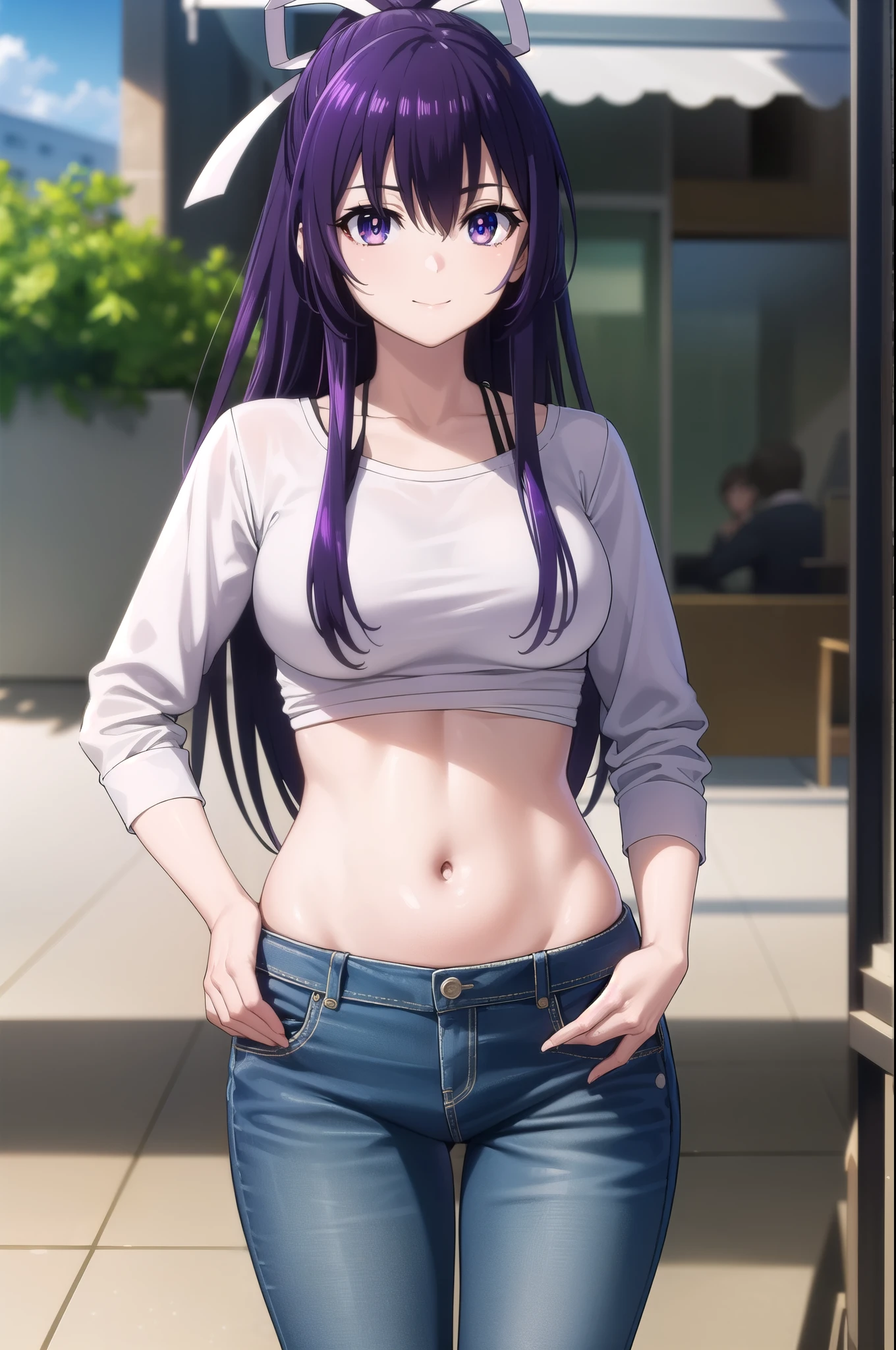 tohkayatogami, tohka yatogami casual, long hair, purple hair, alluringly smile, tight crop tops, white top, thin fabric ,mid rifts, long sleeves , U neck, ribbon , (purple eyes:1.1), hair ribbon, ponytail, purple hair, white ribbon,g cup breasts, plump butt, jeans, hand on pocket, twerking hips
BREAK ,
BREAK outdoors, city, people, crowd, sky, clouds, sun, blue sky,
BREAK looking at viewer, (cowboy shot:1.5),
BREAK (masterpiece:1.2), best quality, high resolution, unity 8k wallpaper, (illustration:0.8), (beautiful detailed eyes:1.6), extremely detailed face, perfect lighting, extremely detailed CG, (perfect hands, perfect anatomy),