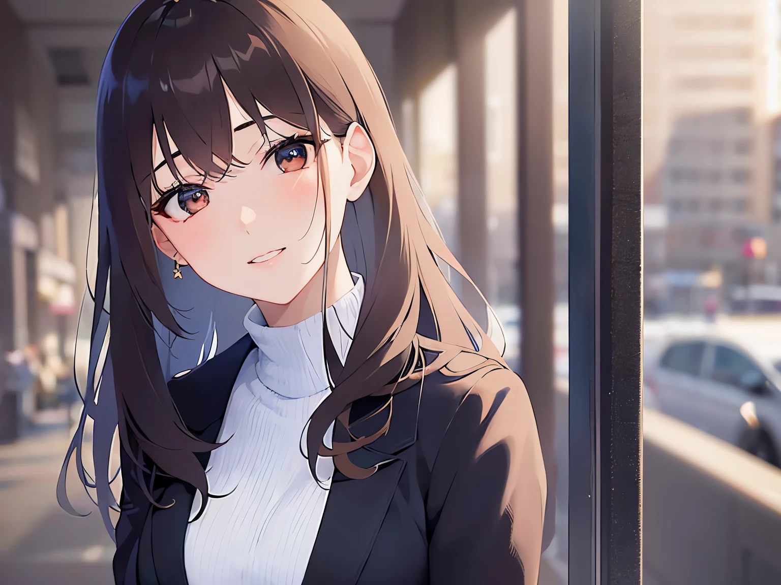 (waving hand:1.2), head tilt、Upper Body, Realistic, real person, (pale skin: 1.2), RAW photo, photorealistic, portrait photography, shiny skin, japanese idol、shiny hair、(25 year old woman with medium hair with bangs) and (wavy hair) and (brown hair) and (orange eyes) , (business suit:1.5) and (White turtleneck top) 、smile, The background is the office front desk.、Alone、Are standing