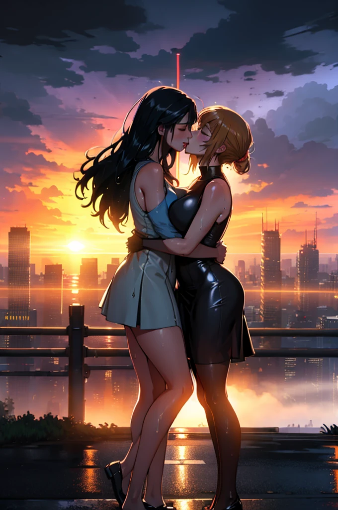 (masterpiece:1.4),(volumetric lighting:1.3), (2girls, yuri), tongue kiss, short tight  dress,sleeveless, outdoors, cityscape,road, heavy rain,storm, dusk,dawn, twilight,sunset, full body, soaking wet, sensual body, closed eyes, (silhouette:1.2), wet ground,