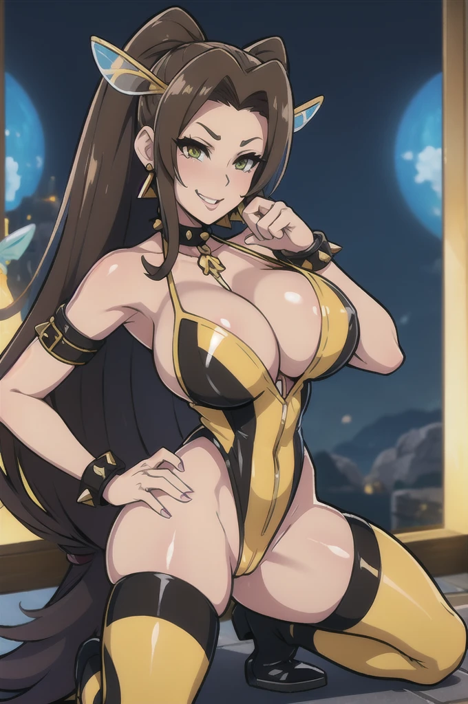 nsfw, horny bimbo bitch aerith gainsborough in a honeybee costume, cartoon, pixiv, evil smile, sadistic, erotic lips, seductive eyes, drooping eyes, provocative expression, smirks, squint, enraptured, fascinated, scornful laughter, aroused, lovely, naughty face, half closed eyes, fearless smile, crazy smile,toned female, glamorous perfect female proportion, wide hips, extremely shiny, reflecting light, awesome metallic surface texture, cute, akiba, anime face, moe, yellow and black striped hair, wasp ornament, Yellow and black striped boots, wasp transparent wings, bee Transparent wings, wasp antennae, wasp printed, Honeycomb printed, poison needle, yellow and black striped fur, spike choker, earrings, best quality, amazing quality, very aesthetic,