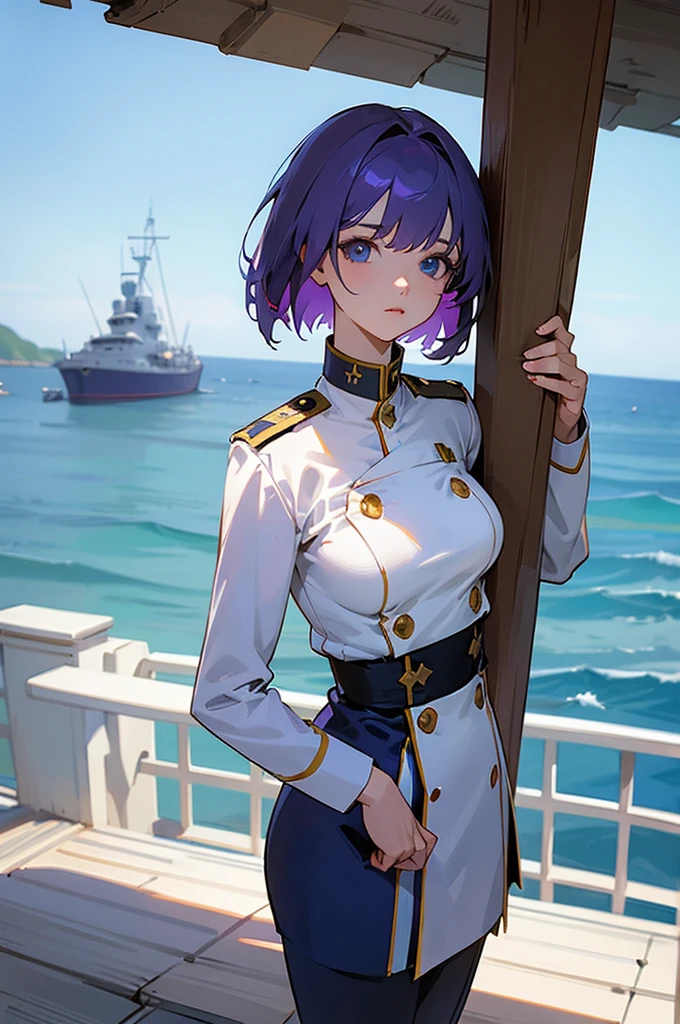 High resolution、Super detailed、masterpiece、woman、Beauty、slanted eyes、blue eyes、Purple hair、Mash short hairstyle white military uniform、Standing on the deck of a warship、Ocean、