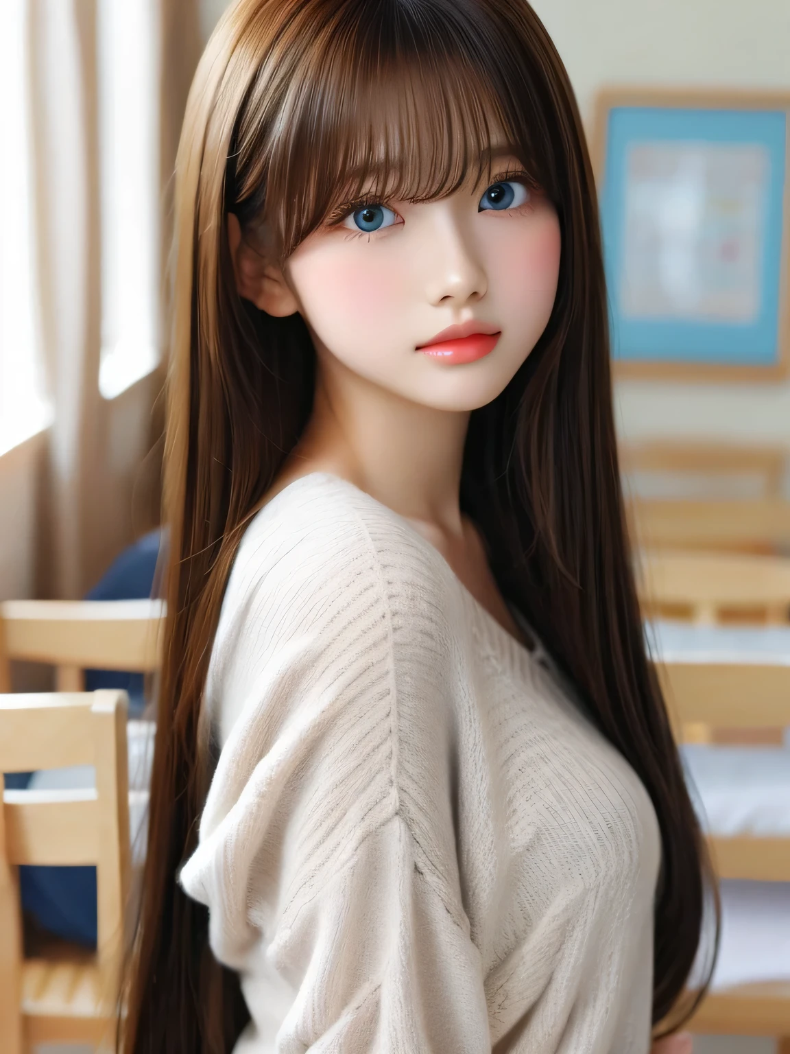Golden shiny glossy hair、Dazzling blonde super long silky hair、17 years old cute little beautiful face、Shining hair dancing in front of a cute face、long silky bangs that cover the eyes、bright pale blue eyes、hair that hides the face、sexy cute young woman with super long bangs、snow-white beautiful skin、Oily blush sheen