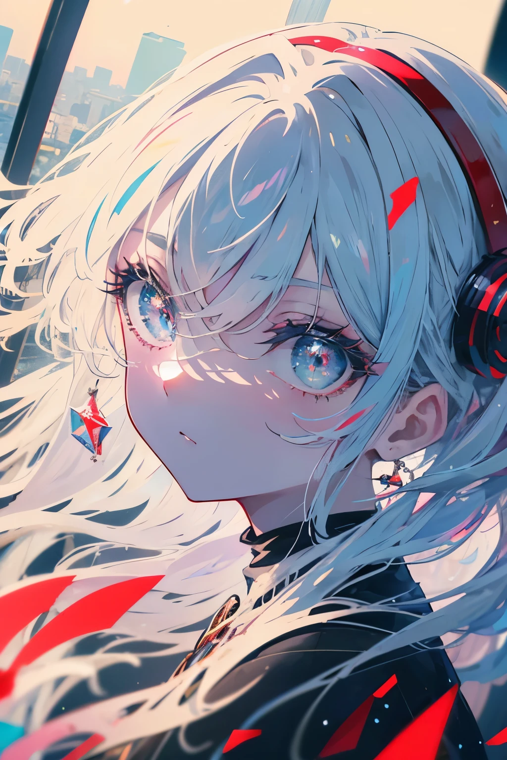(Arte de alta calidad,anime,Ultra detallado),(La mejor calidad,4k,8k,Altas Resoluciones,Obra maestra:1.2),hermosos labios detallados,Ojos y cara extremadamente detallados,Pelo rojo,ojos brillantes, ojos azules, (Detalle Ojos:1.3), En pie,Paisaje de la ciudad