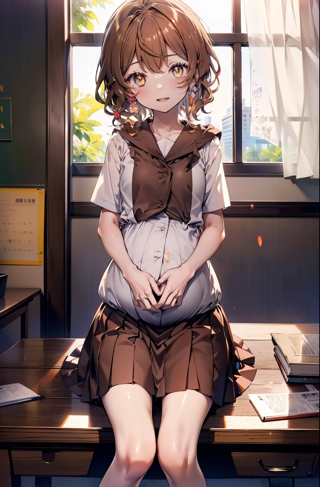 lil card, Liliruka gets burned, (brown eyes:1.7), brown hair, (flat chest:1.2),happy smile, smile, open your mouth, short hair,white Y-shirt,brown blazer,Brown pleated skirt,black pantyhose,brown loafers,There is a textbook on the desk,sitting cross-legged,daytime,Pregnant, childbirth, work, Pregnantのお腹を抱きしめる,
break looking at viewer,
break indoors,school classroom,
break (masterpiece:1.2), highest quality, High resolution, unity 8k wallpaper, (shape:0.8), (fine and beautiful eyes:1.6), highly detailed face, perfect lighting, Very detailed CG, (perfect hands, perfect anatomy),