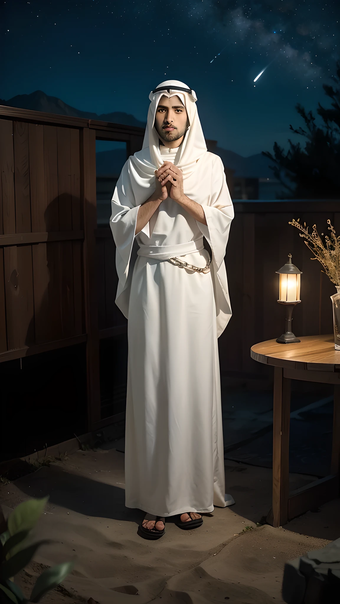 "Generate A professional shot of a handsome Arab man, wearing a red keffiyeh and white long dress and a beautiful middle eastern Arab woman in a traditional abaya dress. They are kneeling with folded hands praying in the stillness of the night. Night scene with moonlight and surrounded by many stars in the sky and a magical portal leading to another world.The serene atmosphere of this scene is captured, highlighting the bond between the men and the stillness of the night amidst the surrounding desert backdrop.The color image, with natural lighting, was taken at night in dramatic light.This is a Corner shot Ultra Wide, full body view, with extreme detail and texture in skin, moonlight and volumetric light. Images are professionally captured, photorealistic, hyperrealistic, realistic, highly detailed and sharply focused."