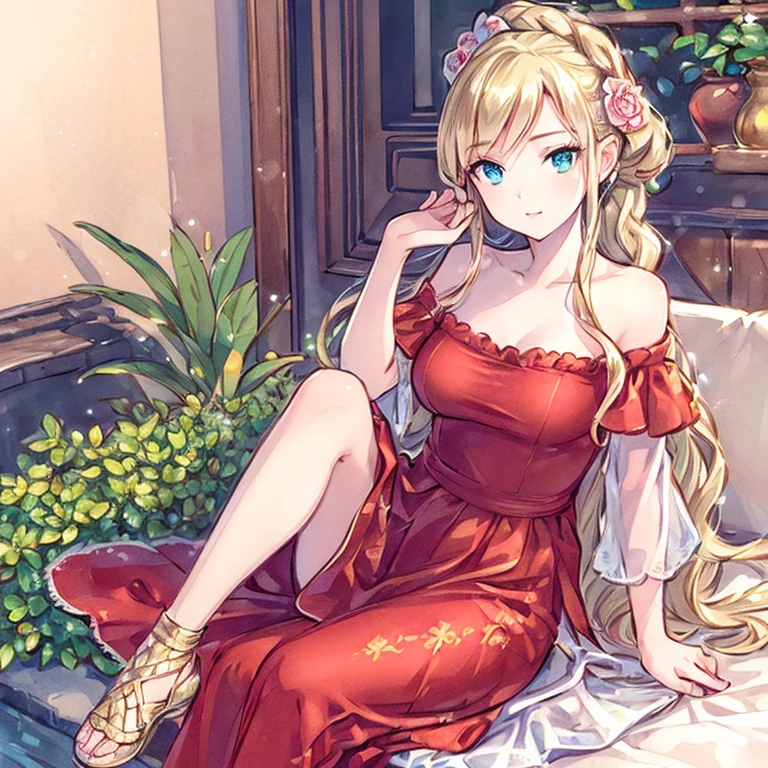 (best quality,ultra-detailed,photorealistic:1.37)alone,adult girl,A girl in a red and silver dress,Long flowing blondes hair tied up,green eye,blue eyes,Off-shoulder,long hair,long eyelashes,sparkling dress texture,detailed lips,flowers in the background,soft lighting,stunning makeup,graceful pose,vivid colors