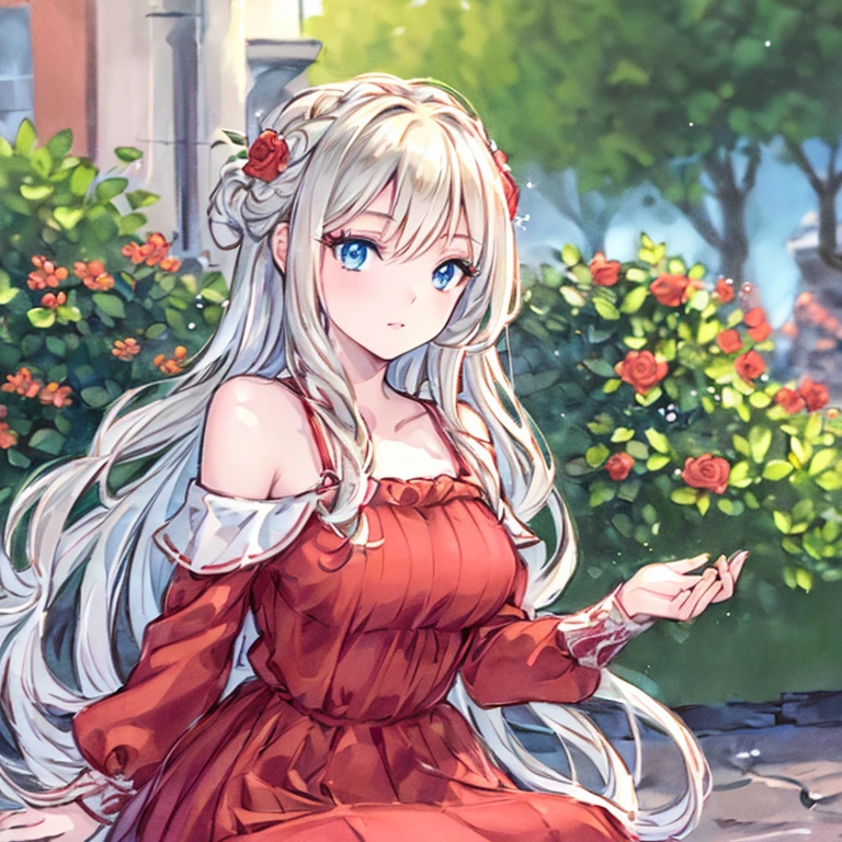 (best quality,ultra-detailed,photorealistic:1.37)alone,adult girl,A girl in a red and silver dress,Long flowing blondes hair tied up,green eye,blue eyes,Off-shoulder,long hair,long eyelashes,sparkling dress texture,detailed lips,flowers in the background,soft lighting,stunning makeup,graceful pose,vivid colors