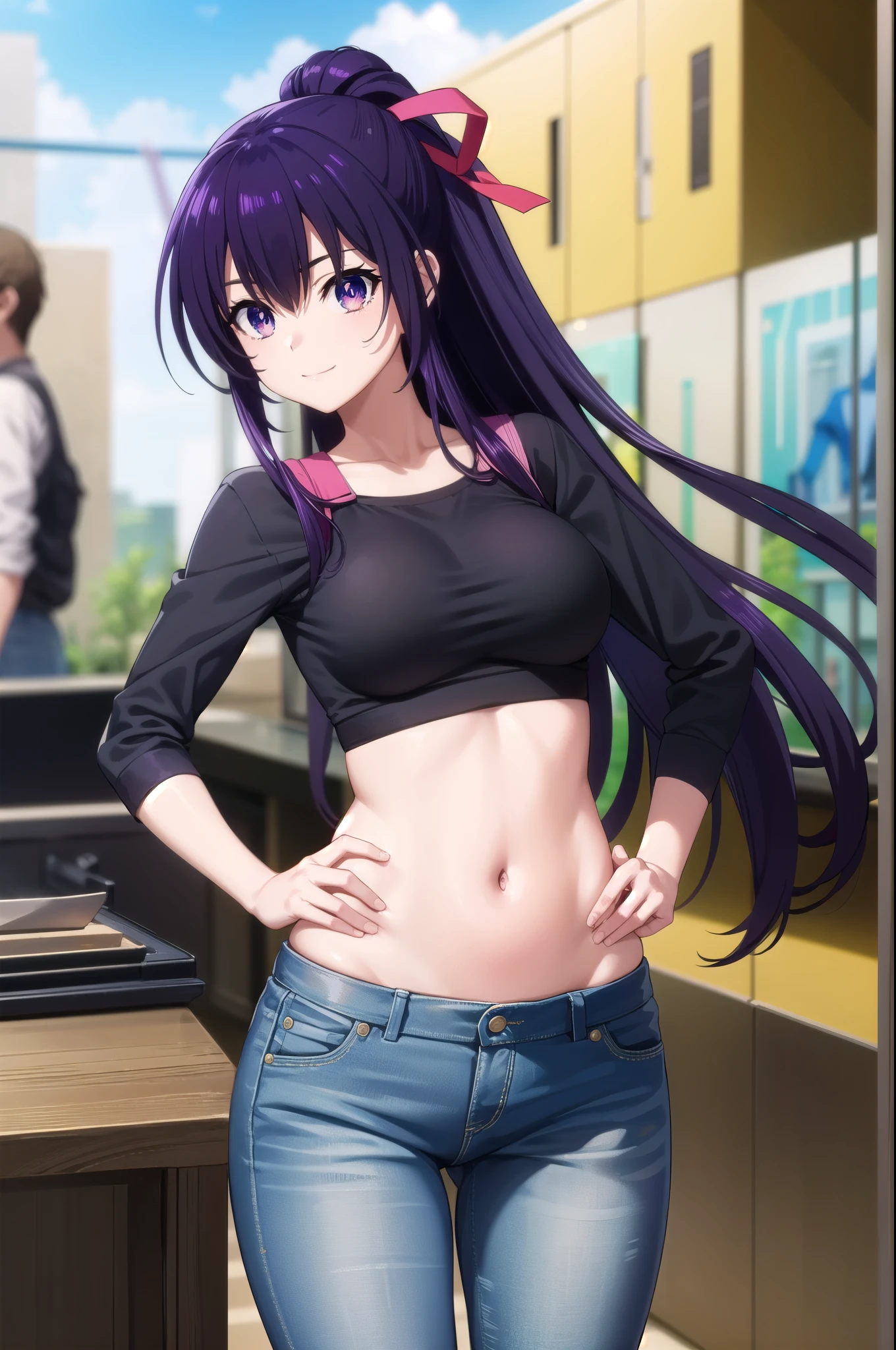 tohkayatogami, tohka yatogami casual, long hair, purple hair, alluringly smile, tight crop tops, white top, thin fabric ,mid rifts, long sleeves , U neck, ribbon , (purple eyes:1.1), hair ribbon, ponytail, purple hair, white ribbon,g cup breasts, plump butt, jeans, hand on hair, curl up hips, living room,
BREAK ,
BREAK outdoors, city, people, crowd, sky, clouds, sun, blue sky,
BREAK looking at viewer, (cowboy shot:1.5),
BREAK (masterpiece:1.2), best quality, high resolution, unity 8k wallpaper, (illustration:0.8), (beautiful detailed eyes:1.6), extremely detailed face, perfect lighting, extremely detailed CG, (perfect hands, perfect anatomy),