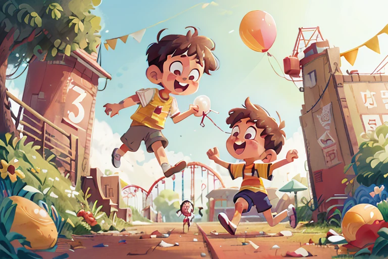 Poster production, children's day, at the amusement park, A little boy holding a balloon, happy, jump, happy --v 6