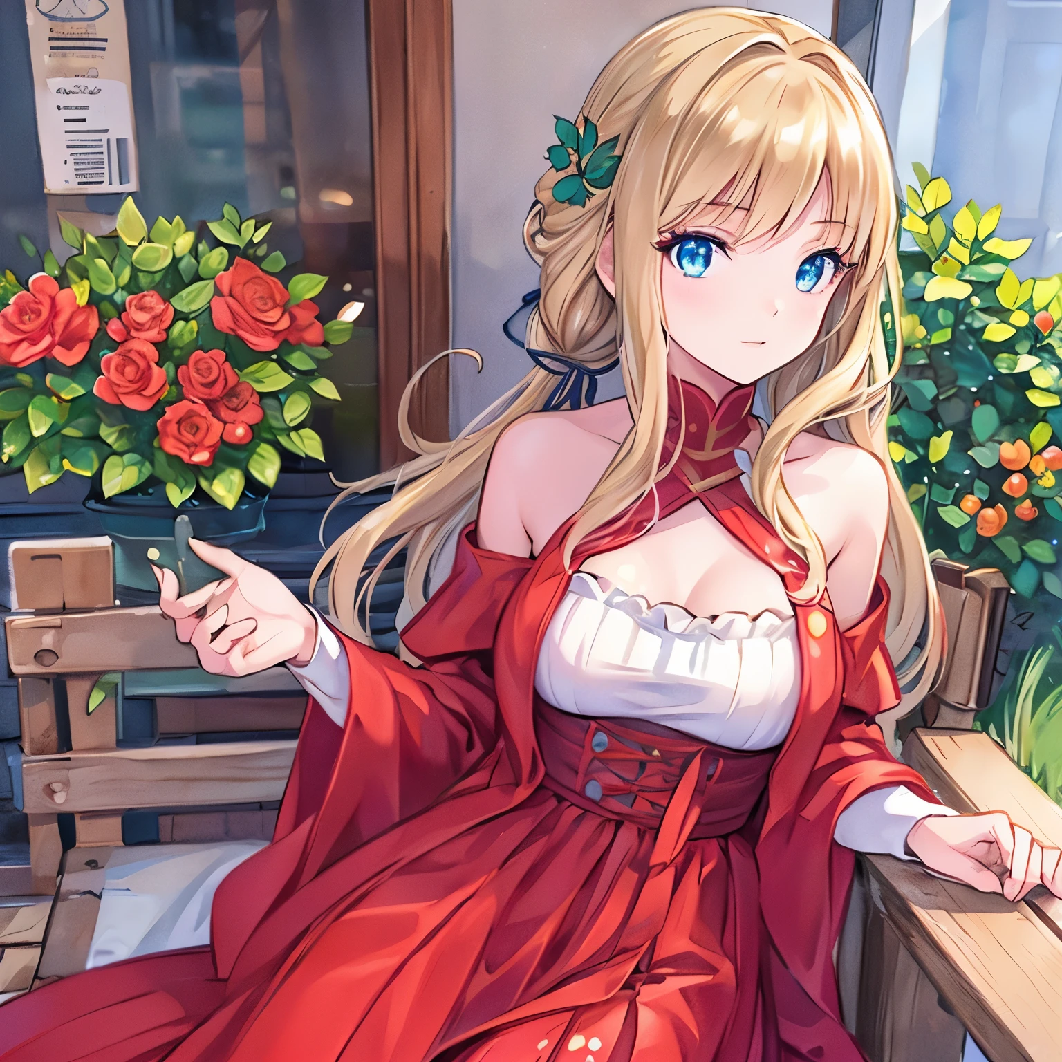 (best quality,ultra-detailed,photorealistic:1.37)alone,adult girl,A girl in a red and silver dress,Long flowing blondes hair tied up,green eye,blue eyes,Off-shoulder,long hair,long eyelashes,sparkling dress texture,detailed lips,flowers in the background,soft lighting,stunning makeup,graceful pose,vivid colors