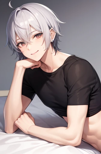 cheeky handsome boy silver hair piercings in both ears Short sleeve shorts illustration style Slender body naughty smile lying down
